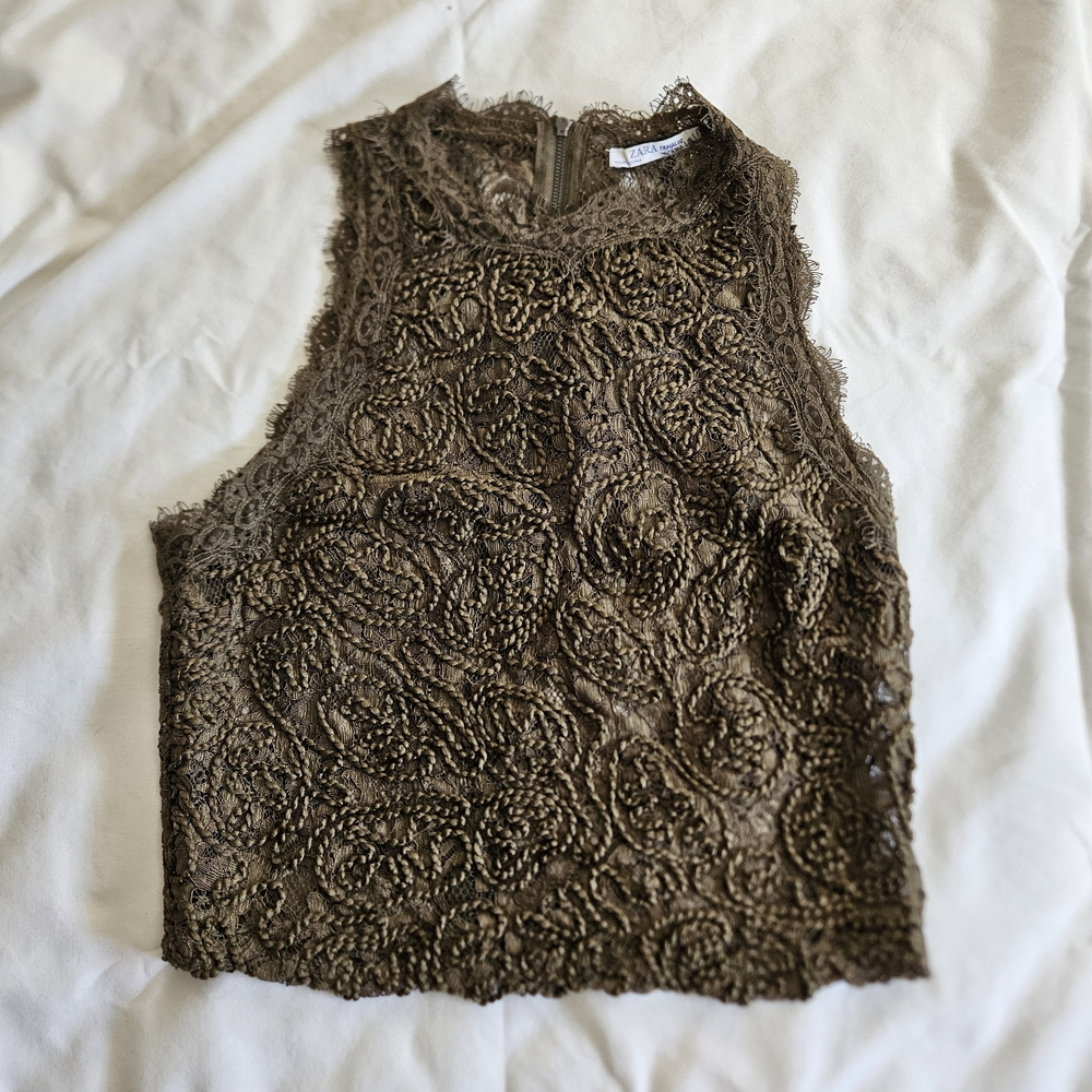 European Zara Olive Lace Crop Top